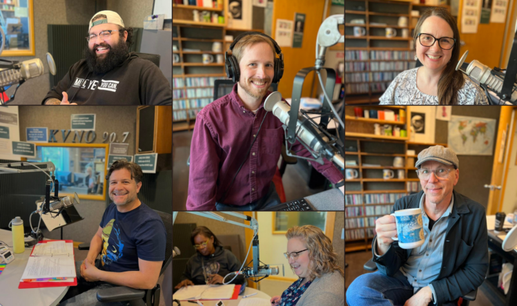 Collage of KVNO hosts. Fernando Montejano, Gabriel Escalera, Be Rasmussen, Allyson Jay, Jeff Koterba, and Emily McIvor smile in front of microphones.