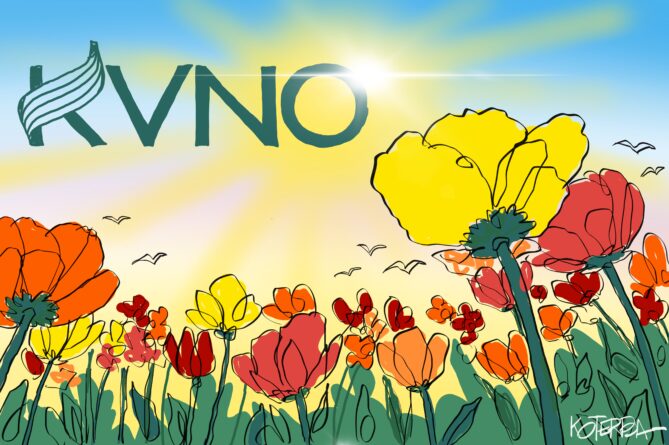 Illustration showing KVNO's logo with the sun shining through, flowers in the foreground.