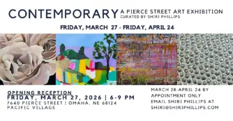 Promotional image featuring four cropped paintings from a contemporary art exhibition, along with text displaying the title “CONTEMPORARY: A Pierce Street Exhibition,” opening reception date, and exhibition dates.