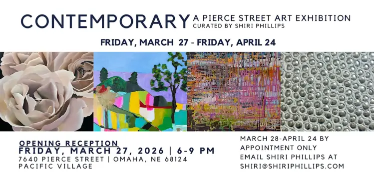 Promotional image featuring four cropped paintings from a contemporary art exhibition, along with text displaying the title “CONTEMPORARY: A Pierce Street Exhibition,” opening reception date, and exhibition dates.