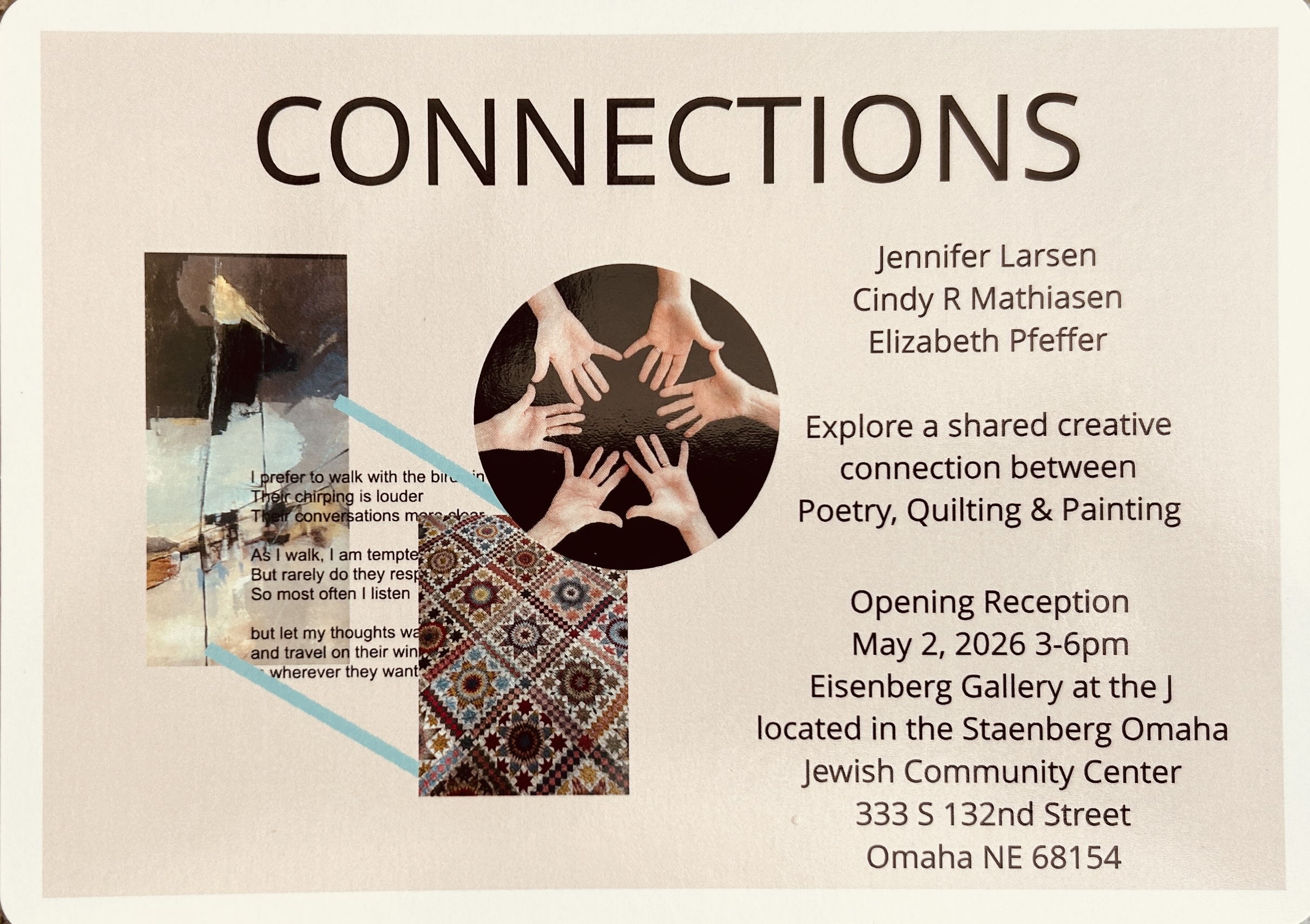 A promotional poster for the exhibition “Connections,” featuring a collage of diverse art images arranged in a visually engaging layout, suggesting relationships between different styles, subjects, and artistic expressions.