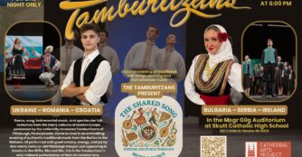 A promotional poster for The Tamburitzans featuring multiple performers in colorful traditional costumes, captured mid-dance and playing instruments, representing a variety of cultural styles and artistic expressions.