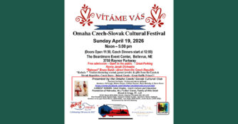 A promotional poster for the 2026 Omaha Czech-Slovak Cultural Festival featuring the phrase “Vítáme Vás” at the top, with colorful imagery representing traditional food, music, dance, and cultural activities.