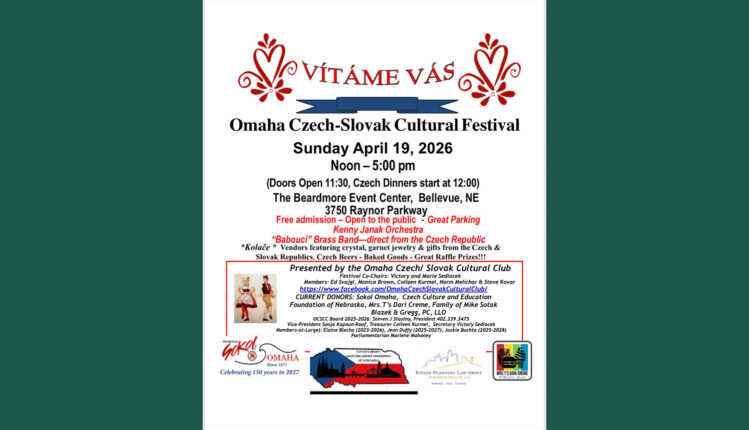 A promotional poster for the 2026 Omaha Czech-Slovak Cultural Festival featuring the phrase “Vítáme Vás” at the top, with colorful imagery representing traditional food, music, dance, and cultural activities.