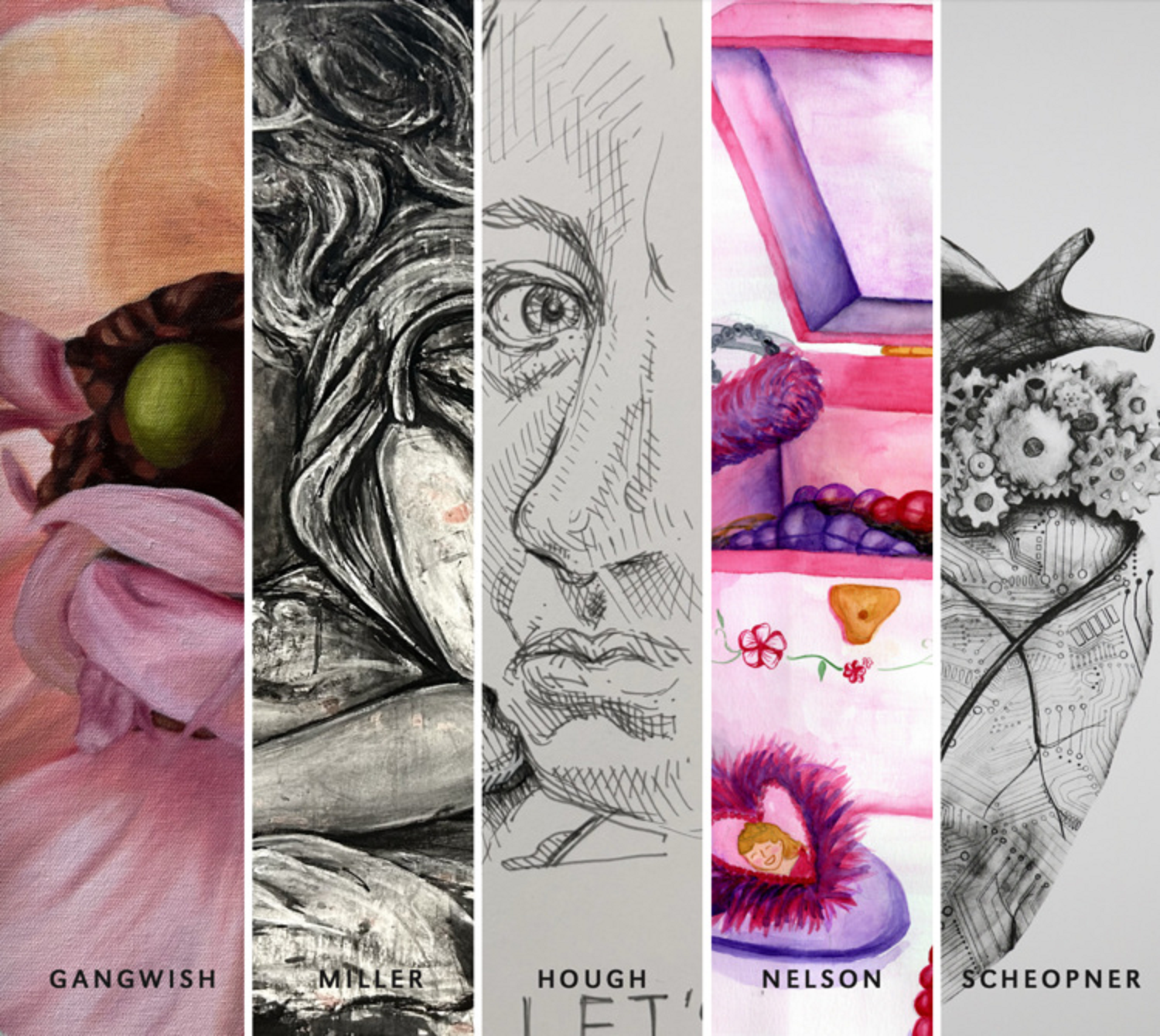 Small snippets of artwork is shown with the names of the artists: Gangwish, Miller, Hough, Nelson, and Scheopner.