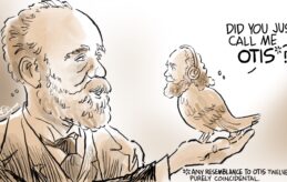 Caricature of the composer, Dvorak, holding a pigeon named Otis. The pigeon looks like Otis Twelve, former host of Morning Classics on KVNO. There's a joke that says that any resemblance to the actual Otis Twelve is purely coincidental.