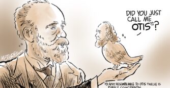 Caricature of the composer, Dvorak, holding a pigeon named Otis. The pigeon looks like Otis Twelve, former host of Morning Classics on KVNO. There's a joke that says that any resemblance to the actual Otis Twelve is purely coincidental.