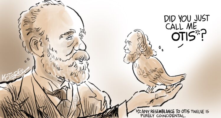 Caricature of the composer, Dvorak, holding a pigeon named Otis. The pigeon looks like Otis Twelve, former host of Morning Classics on KVNO. There's a joke that says that any resemblance to the actual Otis Twelve is purely coincidental.