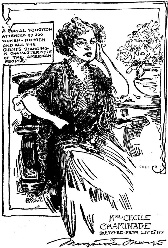 A caricature of French composer Cécile Chaminade drawn by Marguerite Martyn of the St. Louis Post-Dispatch.