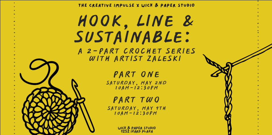 Promotional image with a yellowish background, artwork, and event details for Hook, Line and Sustainable, a two-part crochet series.