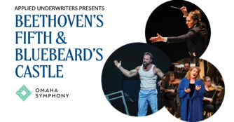 A conductor leads an orchestra while two singers perform on stage in a dramatic scene from Bluebeard’s Castle, presented by Opera Omaha and the Omaha Symphony.