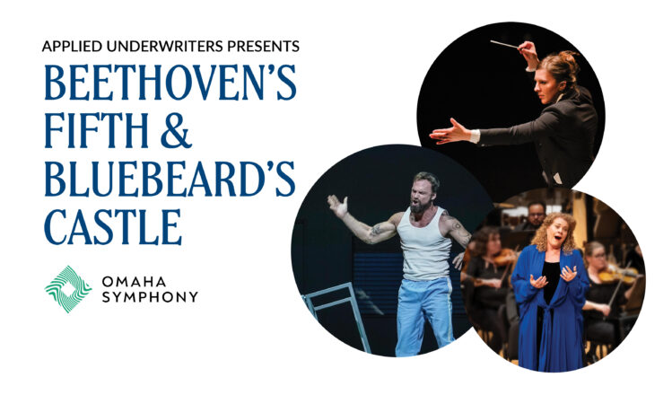 A conductor leads an orchestra while two singers perform on stage in a dramatic scene from Bluebeard’s Castle, presented by Opera Omaha and the Omaha Symphony.