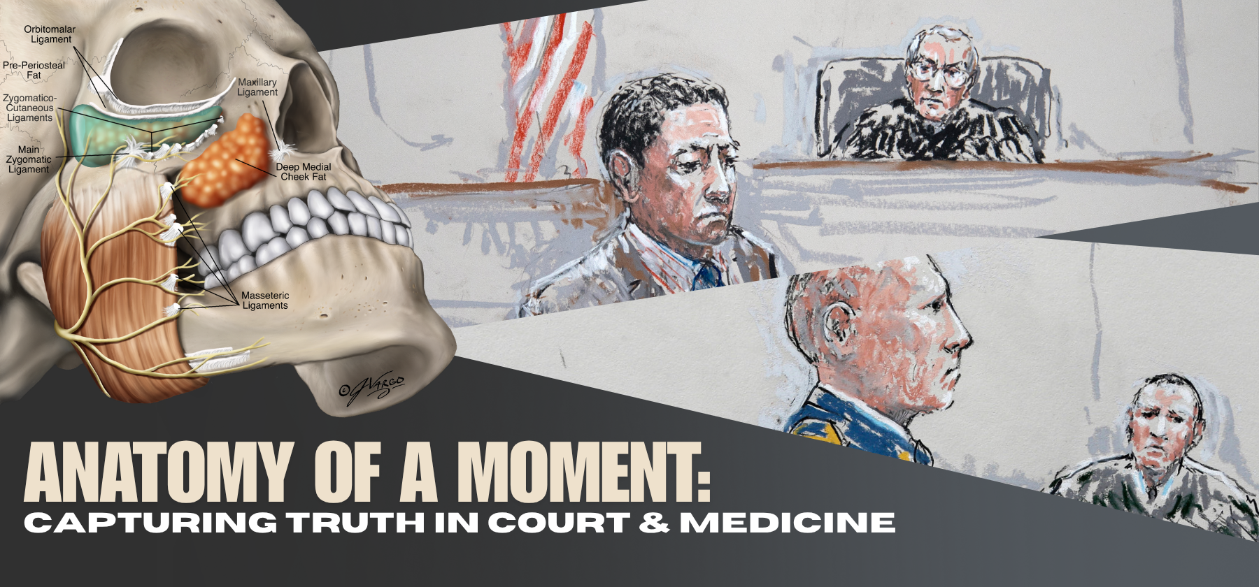 Abstract and documentary-style artworks explore themes of courtrooms and medical settings, featuring layered images, figures, and symbolic elements that reflect truth and observation.
