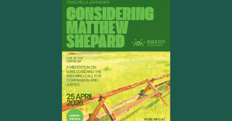 An artistic landscape with an open sky and soft light stretches across the scene, symbolizing reflection and remembrance in a promotional poster for Considering Matthew Shepard.