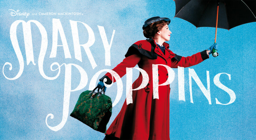 Promotional Poster for the production of Mary Poppins at the Omaha Community Playhouse. Mary holds an umbrella and a bag and looks like she is floating through the sky.