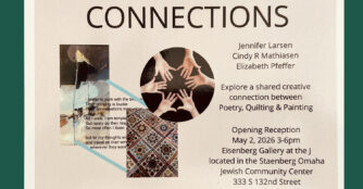 Promotional image for “Connections” art exhibit featuring works by three local artists with medical backgrounds, displayed at the JCC Gallery.