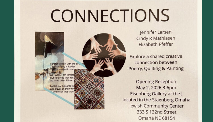 Promotional image for “Connections” art exhibit featuring works by three local artists with medical backgrounds, displayed at the JCC Gallery.