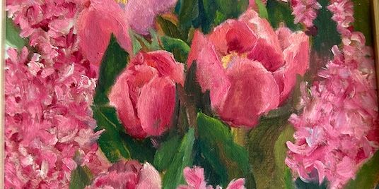 Promotional image of an artwork depicting a painting of red flowers.