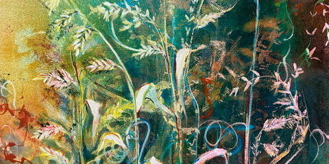 Promotional image for Traveling Through Gardens, an art exhibit by Lynette Fast featuring colorful wall art inspired by nature and gardens.