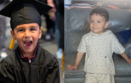 Left: Quinn, 5, at his preschool graduation. Right: Hugo, 3, lounging against the couch.