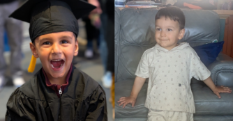 Left: Quinn, 5, at his preschool graduation. Right: Hugo, 3, lounging against the couch.