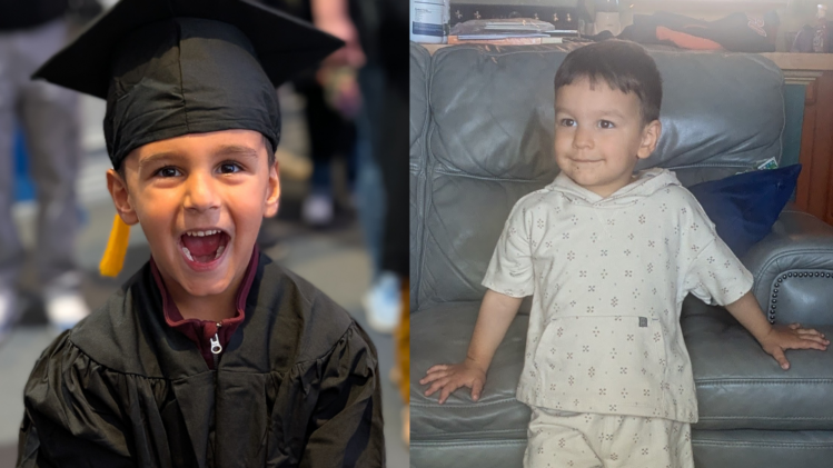 Left: Quinn, 5, at his preschool graduation. Right: Huge, 3, lounging against the couch.