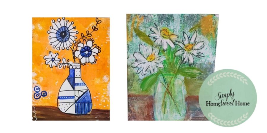 Two paintings of flowers side by side