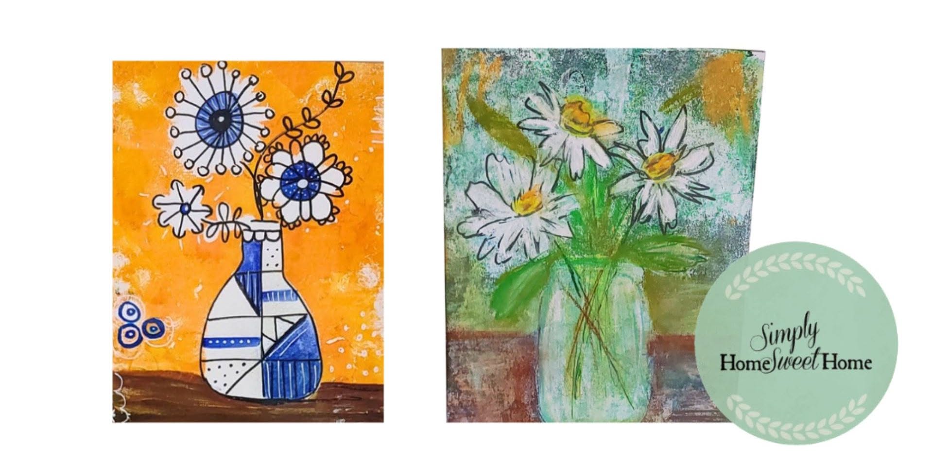 Two paintings of flowers side by side