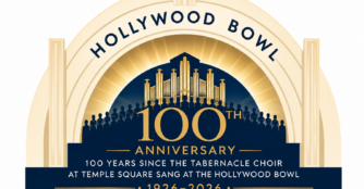 Families and community members gather outdoors at a park for a large-screen watch party featuring The Tabernacle Choir's Hollywood Bowl concert, with food trucks, activities, and a festive summer atmosphere.