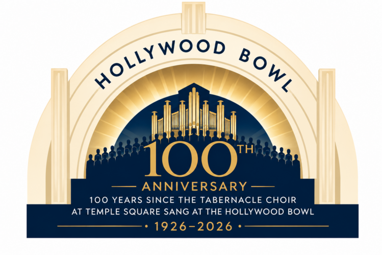 Families and community members gather outdoors at a park for a large-screen watch party featuring The Tabernacle Choir's Hollywood Bowl concert, with food trucks, activities, and a festive summer atmosphere.