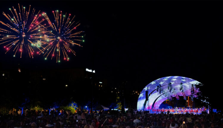 A nighttime view of the Gene Leahy Mall pavilion filled with concertgoers as the Omaha Symphony performs on stage. Fireworks burst in the sky behind the pavilion, illuminating the downtown Omaha skyline during the RiverFront Fourth of July Celebration.