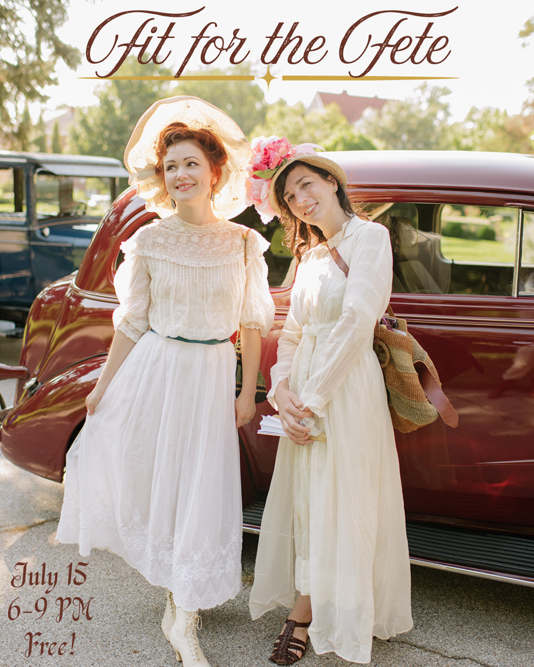 Two women posing in a dress from old times