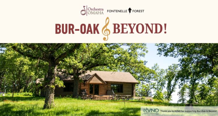 Promotional image for the Bur Oak and Beyond concert series at Fontenelle Forest featuring a rustic wooden cabin surrounded by mature trees and lush greenery. The peaceful forest setting evokes an intimate outdoor music experience immersed in nature.