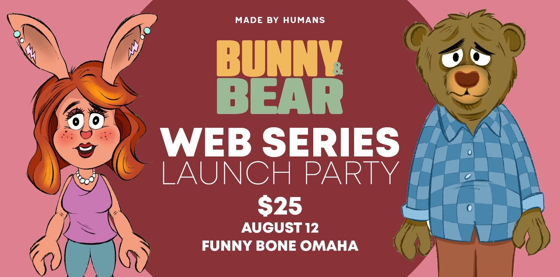 An illustrated promotional image shows Bunny and Bear, two animated animal characters standing side by side with warm, friendly expressions. Bunny, a cheerful rabbit, and Bear, a gentle bear, smile as they welcome viewers into their colorful world. The bright, playful artwork reflects the series' blend of humor, heart, and everyday life, where a diverse community of animal characters navigates relatable human experiences together.