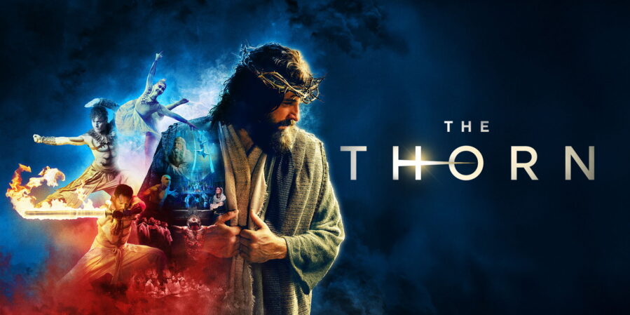 Promotional image for The Thorn at the Orpheum Theater featuring Jesus surrounded by multiple performers in a dramatic biblical scene.